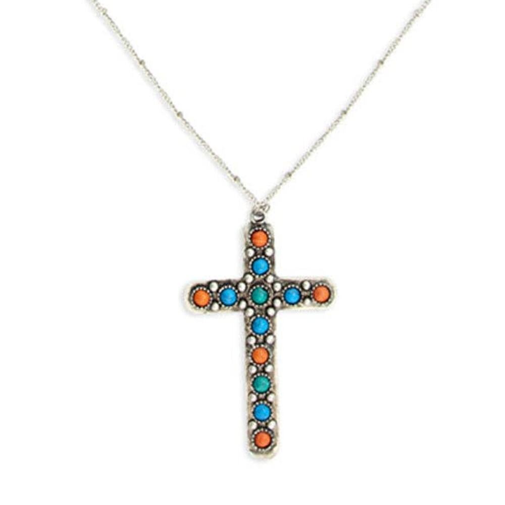 Beaded Stones Cross Necklace – Faux Coral, Lapis & Turquoise